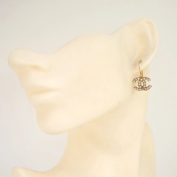 CHANEL CC Logos Rhinestone Hook Earrings Gold Tone 02A Auth w/Box #7114 - Picture 1 of 6